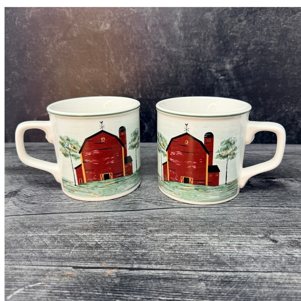 Tienshan Mug Prairie Stoneware Red Barn White Set of 2 Large Farmhouse 1990s